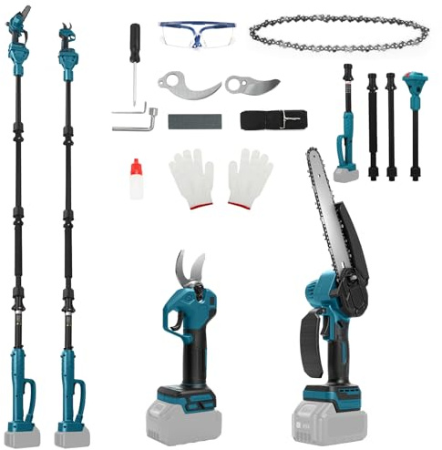 4-in-1 Akku Mini Kettensäge & Astschere für Makita 18V-Akku (ohne Batterie) | 8 Zoll Stangenkettensäge, mit 2m Verlängerungsstange, 30mm Elektro Gartenschere mit Ersatzklinge