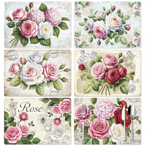 Peacoblue 6er Set Platzsets, Vintage-Rose für Esstisch | Abwaschbare Vinyl Tischsets 30x43cm, Hitzebeständige Kunststoff Unterlagen für Küche, Esstisch und Landhaus Dekoration