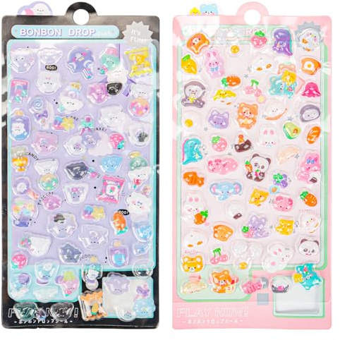 Feirdhoo 3D Sticker Kinder, 2 Blätter 100+ Verschiedene Geschwollene Cute Sticker, Aufkleber Kinder Inklusive Verschiedener Kleiner Tiere und Wolken Eiscreme Motive, die Mädchen Mögen