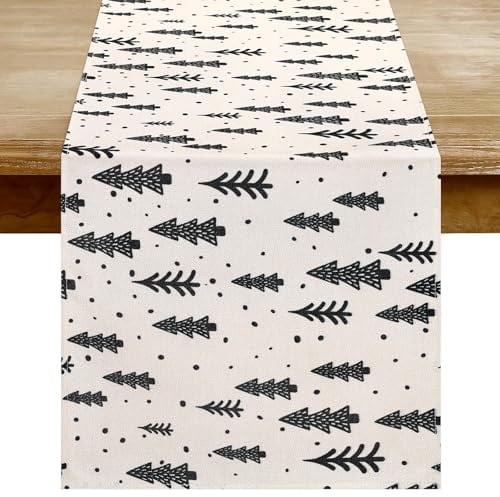 Weihnachtlicher Tischläufer Beige 33 x 183 cm mit Schwarz Bäume, Tischband Weihnachten Stoff Modern, Christmas Table Runner Decoration Winter Abwaschbar für Weihnachtsdeko für Tisch