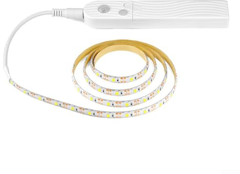 Bewegungsmelder-Lichtleiste mit Infrarot- und Lichtsteuerung, einstellbarer Timer, Dual-USB-Batterie, flexibles wasserdichtes IP65-LED-Band für Schrank- oder Treppenbeleuchtung (weißes Licht, 5 m)