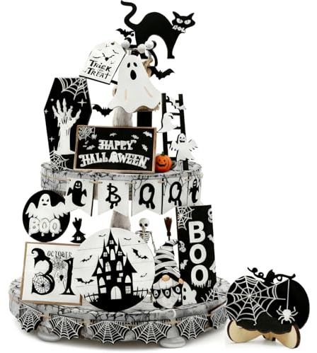 26 Pcs Tiered Tray Decor Wooden Signs Halloween Table Decor, Cute Ghost Tray Bead Garland for Farmhouse Rustic Tiered Tray Halloween Kitchen Decor Home Party Supplies