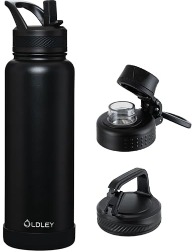OLDLEY 1.2L Stainless Steel Water Bottle with Straw, Insulated Metal Water Bottles with 3 Lids & Handle, Double Wall Leakproof Large Vacuum Flask Keep Hot and Cold for Sports, Travel, Camping (Black)