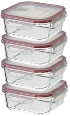 Set 4 tapers rectangulares de cristal transparente de 1100 ml. 19x19x7,5 cm | Cierre hermético sin BPA. Válvula ideal para microondas, horno convencional o congelador.