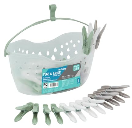 JVL Cesto per mollette con manico e 36 mollette in plastica, porta biancheria