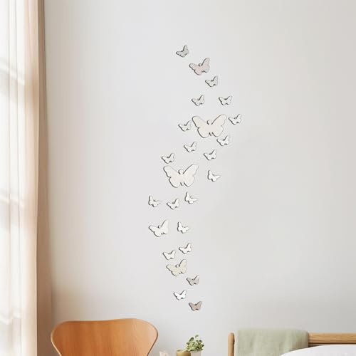 35 Piezas Mariposas Espejos Pared Decorativos, Pegatinas Mariposas 3D Autoadhesivas, Adhesivos Acrílico Plata para Decoración Salón Dormitorio y Oficina