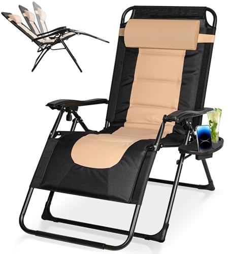 KaO0YaN Sonnenliege Klappbar bis 200kg, Verstellbarer Liegestuhl mit Nackenkissen & Getränkehalter, Ergonomische Gartenliege, Wetterfeste Relaxliege für Garten, Balkon & Strand (Beige)