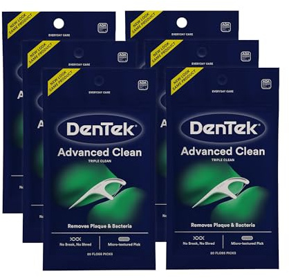 DenTek Triple Clean Advanced Clean Floss Picks, No Break & No Shred Floss, 20 Count, 6 Pack