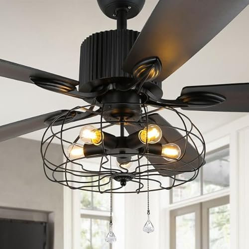 Bella Depot Ventilatore da soffitto industriale da 132 cm, in ferro nero, con luci e telecomando, ventilatore da soffitto rustico con 5 pale reversibili in legno per cucina, camera da letto, soggiorno