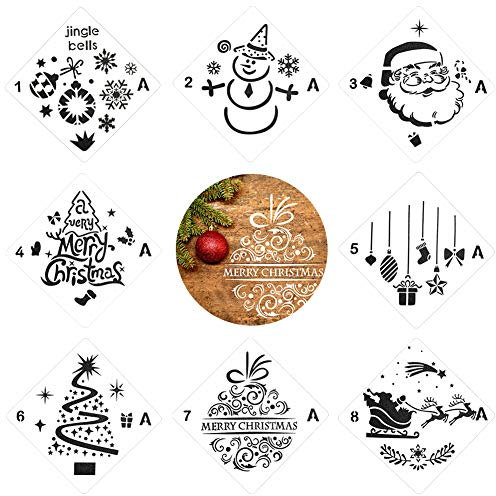 TSLBW Malschablonen,Weihnachten Zeichnung Schablonen,8 Stück Verschiedene Weihnachten Stil Kunststoff Skala Vorlage Sets mit Frohe Weihnachten für DIY Malerei auf Holz,Handwerk Karten Machen (A)