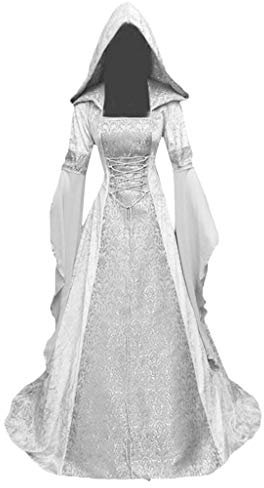 YEBIRAL Damen Langarm Mittelalter Kleid Bodenlangen Gebunden Taille Maxikleid Gothic Retro Kleid Prinzessin Renaissance Cosplay Dress Party Festlich Halloween Karneval Kostüm (Y-2 Weiß, S)