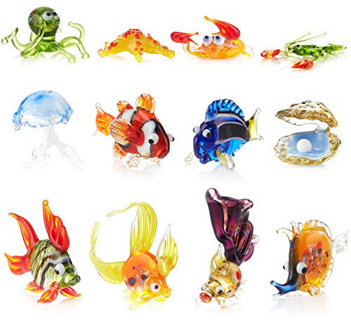 IK Style Set mit 12 Aquarium-Dekoration, Glas-Fischfiguren – handgefertigt, bunt, Glas-Wasserfiguren, Aquarium-Ornamente