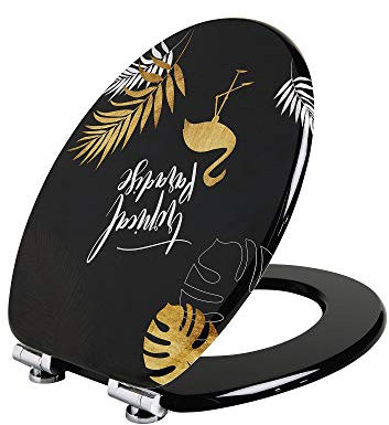 Wirquin 20722717 Abattant wc Woody Tropical paradise avec frein de chute et charnières en inox, noir blanc et doré