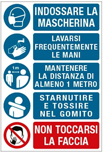 Cartelli in Alluminio 20x30Indossare la mascherina, Lavarsi le mani, Mantenere la Distanza, Starnutire nel gomito, Non toccarsi la faccia