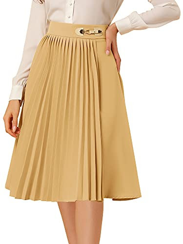 Allegra K Damen High Waist Vintage Plissee Knielang Midirok Rock Khaki S