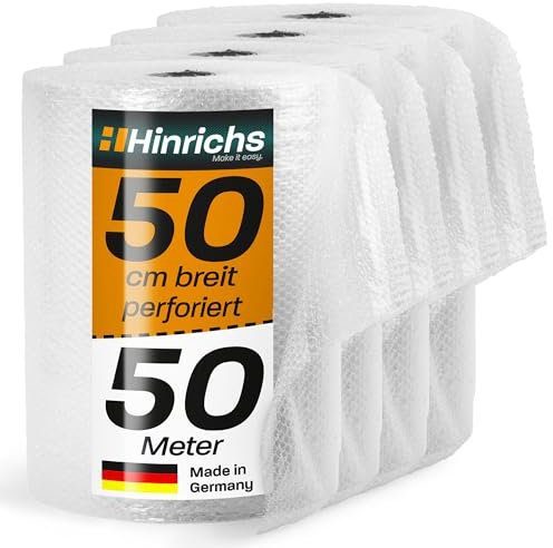 Hinrichs Luftpolsterfolie Rolle 4x 50m x 50 cm perforiert - Ideal für Versand, Verpackung und Umzug - 100% recyclingfähig - Bubble Wrap als Verpackungsmaterial - Noppenfolie - Polstermaterial