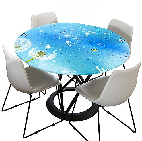 FANSU Round Tablecloth Waterproof Wipe Clean, 3D Dandelion Printing Polyester Circular Tablecloths Fitted Elastic Edged, Stain Resistant Table Cover (Drip dye,Diameter 130cm)