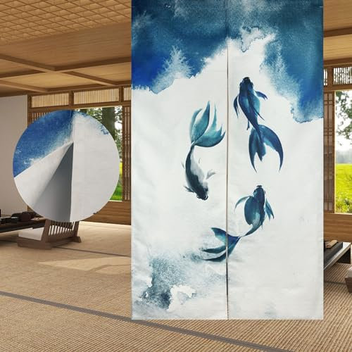 LIGICKY Traditioneller Chinesischer Stil Vorhang, Tuschemalerei Dick Noren Lang Vorhang Doppelseitig Druck TürVorhang Raumteiler Tapisserie für die Heimtextilien 85 x 150 cm, Weiß (Fisch)