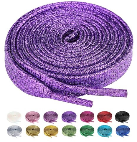Olukssck 2 paia Lacci Piatti Glitter Metallici Premium, Stringhe Scarpe Sportive, Lacci per Sneakers Resistenti, Lunghezza 80-100 - 120-140 - 160 cm, Larghezza 10 mm, Viola Scuro, 100cm