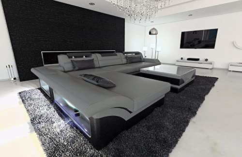 Ecksofa Monza L Form Ledersofa Sofa - mit LED Beleuchtung, verstellbare Kopfstützen, Recamiere/Lederfarben wählbar/Ausrichtung wählbar (Ottomane Links, Grau-Schwarz)