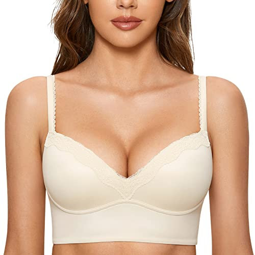 DOBREVA Donna Reggiseno Push Up Senza Ferretto Bralette in Pizzo Coppe Triangolo Pergamena 3C