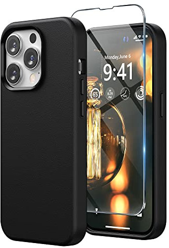 SURPHY Faux Leather Case Compatible with iPhone 14 Pro Max Case 6.7 inch, Premium PU Leather Case Cover (with Metallic Buttons & Microfiber Lining) for iPhone 14 Pro Max, Black