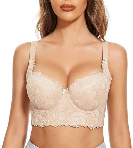 FallSweet Push Up Bras for Women Corset Top Bustier Padded Underwire Bra Add One Cup (Beige-Lace,42C)