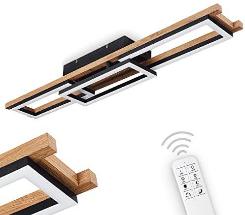 HOFSTEIN LED Deckenleuchte Ayajasco, Deckenlampe aus Metall/MDF/Kunststoff in Schwarz/Weiß/Braun in Holzoptik, dimmbar über Fernbedienung (inkl.), 1 x LED 30 Watt, 1800 Lumen, 2700-6500 Kelvin
