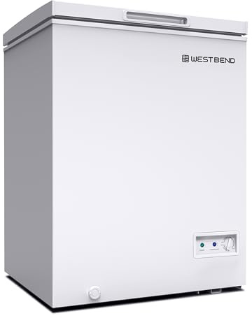 West Bend Chest Freezer with Adjustable Temperature Control, Free-Standing with Single Flip-Up Lid, Manual Defrost with Drain Perfect for Homes, Garages, Basements, 5-Cu.Ft, White