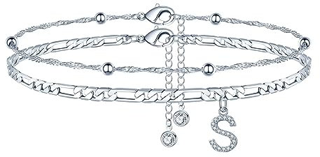 TINGN Fussketten für frauen, Silber Fußkettchen für Damen fusskette mit CZ Buchstaben S Doppelte Fußketten Verstellbar Sommer Stand Süß Geschenk für Frauen Mädchen Tochter