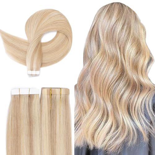 TESS Tape Extensions Echthaar 30 cm, Blond Balayage Tape Klebeband Haarverlängerung 20 pcs Glatt Goldblond/Blond Balayage Remy Tape in Hair Extensions für Haarverdichtung (20pcs-20g)