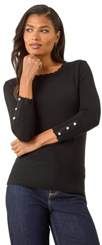 Roman Diamante Button Scallop Edge Jumper for Women UK - Ladies Autumn Everyday Winter Holiday Round Neckline Comfy Long Sleeve Soft Slim Fit Knitted Sweater Warm Tops - Black - Size 18