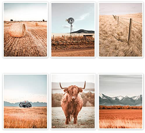 CCMXMKO Retro Western Highland Cow Wall Art Country Room Decor Set of 6 Farmhouse Wall Art Desert Cactus Horse Pictures Wall Decor Boho Rustic Wall Decor for Living Room Poster