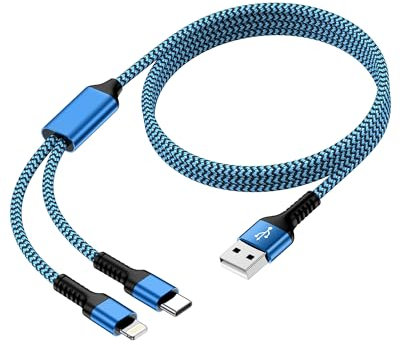 Multi Charging Cable USB to USB C and Lightning Cable, 4ft Braided 2 in 1 Fast USB Cable with Type C/Lighting Port for iPhone 16 Pro Max 15 14 13 iPad Multiple Phone Charger Cord-Not Support CarPlay