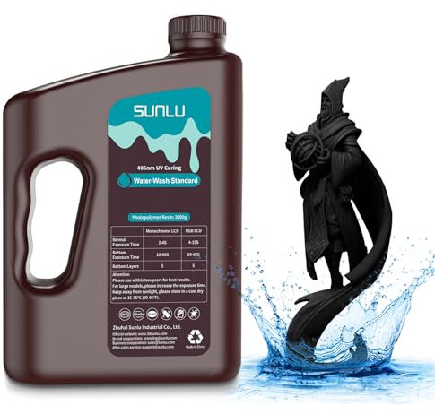SUNLU Wasser Abwaschbar 3D Drucker Resin 3KG, 405nm UV Harz 3D Druck Standard Photopolymer Harz für 4/6/8K LCD DLP SLA Resin 3D Printer, Hohe Präzision,Geringer Geruch,Water Washable,Schwarz 3000g