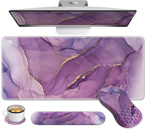 Anyshock Ensemble de tapis de souris pour femme, tapis de souris de massage avec repose-poignet, sous-main étendu, tapis de souris ergonomique et tapis de clavier (marbre violet)