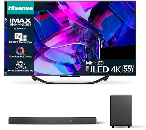 Hisense 55 ULED Mini-LED 4K 2023 55U72KQ, Smart TV VIDAA U7, Dolby Vision IQ, HDR 10+ 4K AX3120G Soundbar 3.1.2, 360W, 2 altoparlanti upfiring, Subwoofer Esterno wireless