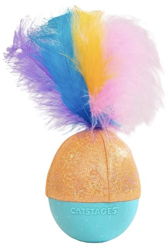 Catstages Whack N' Wobble Ball Intearctive Cat Toy, Weighted Ball with Feathers, Bell, Glitter Fabric & Catnip Oil, Turquoise
