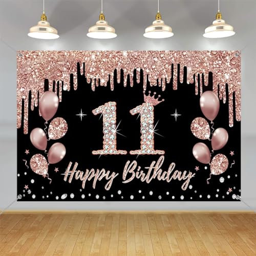 11. Geburtstag Dekorationen für Mädchen - Party Dekoration Schwarz und Roségold, Stoffschild Hängende Poster, Hintergrund Banner, Willkommensschild