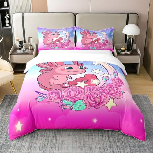 Homewish Kinder Axolotl 100% Bio-Baumwolle Bettbezug 135x200,Rosa Rose Bettwäsche Set für Mädchen,Cartoon Reptile Tröster Bezug,Aquarell Ombre Galaxy Moon Star Bett Sets mit 1 Kissenbezug