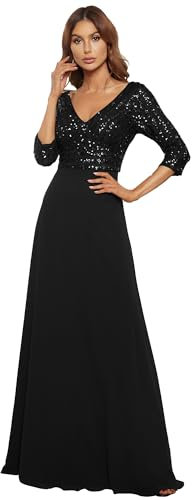 Ever-Pretty Women's V Neck Long Sleeve Elegant A Line Floor Length Long Chiffon Evening Dresses with Sequin Black 14UK