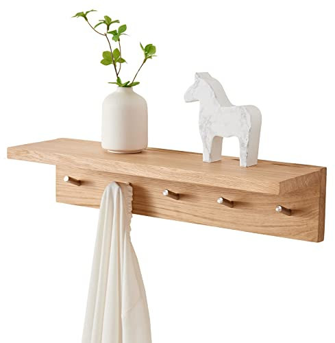 Wandregal aus Eichenholz mit 5 Haken, Eingangsregal, Garderobe mit Haken, schwebende Regale mit Haken für Kleidung, Hüte, Handtücher, Geldbörsen, Bademäntel, Badezimmer, Schlammzimmer, Schlafzimmer