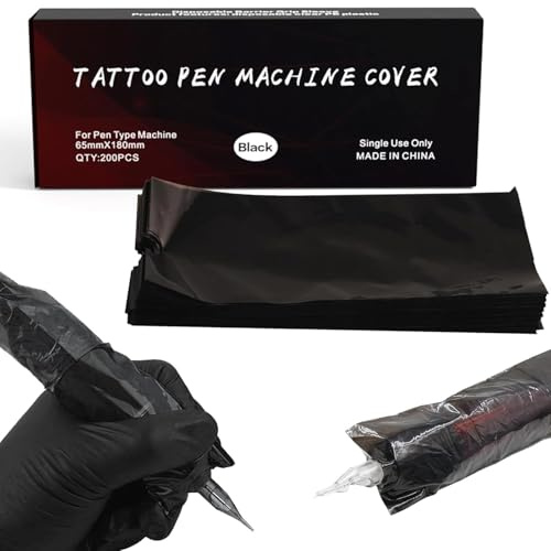 LEAYOKA 200 Stück schwarze Tattoo-Stift-Abdeckungen – 6,5 x 18,1 cm Einweg-Tattoo-Maschinen-Wickel-Patronen-Maschinen-Hüllen