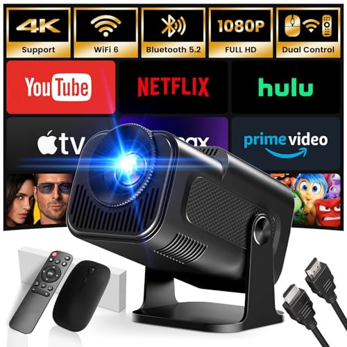 [App Integrada] 2025 Upgraded Proyector Portátil 1920x1080P 4K Supote Videoproyector Dual Control TV WiFi 6 BT5.2 180° Rotation HDMI/TV Stick/USB/PS5/Laptop, con Cable HDMI y Ratón Negro