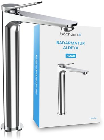 Bächlein Badarmatur Aldeya hoch in modernem Design, extra hoher Einhebelmischer für Aufsatzwaschbecken mit Montage-Set, Bad Wasserhahn Chrom