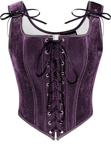 SCARLET DARKNESS Women Renaissance Corset Top Square Neck Lace Up Sleeveless Velvet Overbrust Purple 08