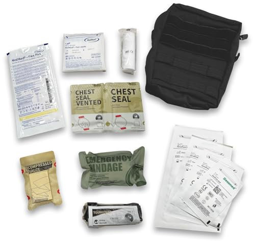 IFAK gefüllt Erste Hilfe Set Outdoor - Molle Tasche mit Israeli Bandage, Tourniquet, Chest Seal, Sterile Kompressen, Fixierbinde, sterile OP-Handschuhe - Trauma Kit Notfall Militär Ausrüstung