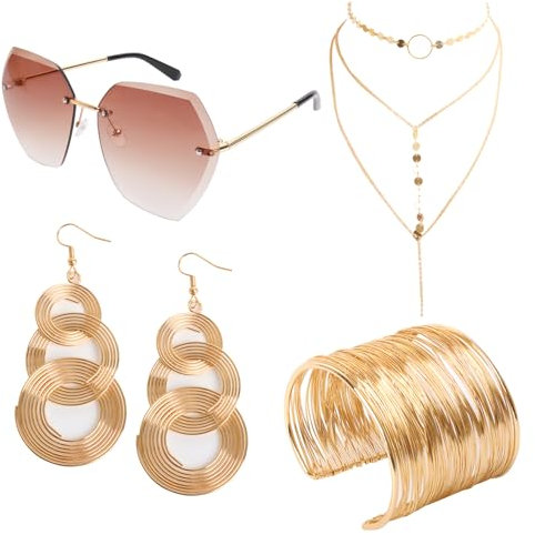 jerbro 4er 70er 80er 90er Disco Kostüm Set Hiphop Sonnenbrille Fasching Choker Halskette Ohrringe Armreif für Cosplay Halloween Karneval Thema Party (Golden)
