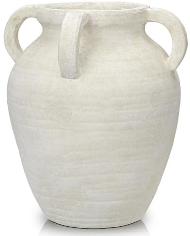 Hohe 30cm Keramikvase Handgemachte Vintage Terrakotta-Vase Tischvase mit Griffen aus Keramik für Deko Wohnzimmer Home Office, Vase für Pampasgras, Rustikales Antikes Dekor, Creme