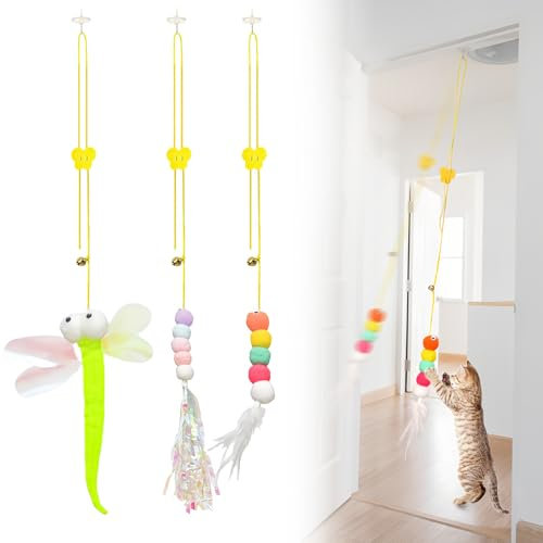 JAONLD Katzenspielzeug Türrahmen 3 Stück Katzenspielzeug Selbstbeschäftigung mit Federn Katzenspielzeug Angel Selbstklebend Katzenangel Stabil mit Glocke Spielzeug Katzen Interaktives Set